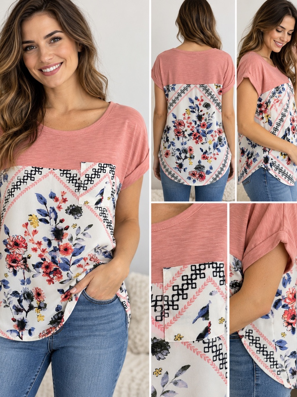 Xhilaration,Floral Patchwork Short Sleeve Top - Dusty Rose,Large